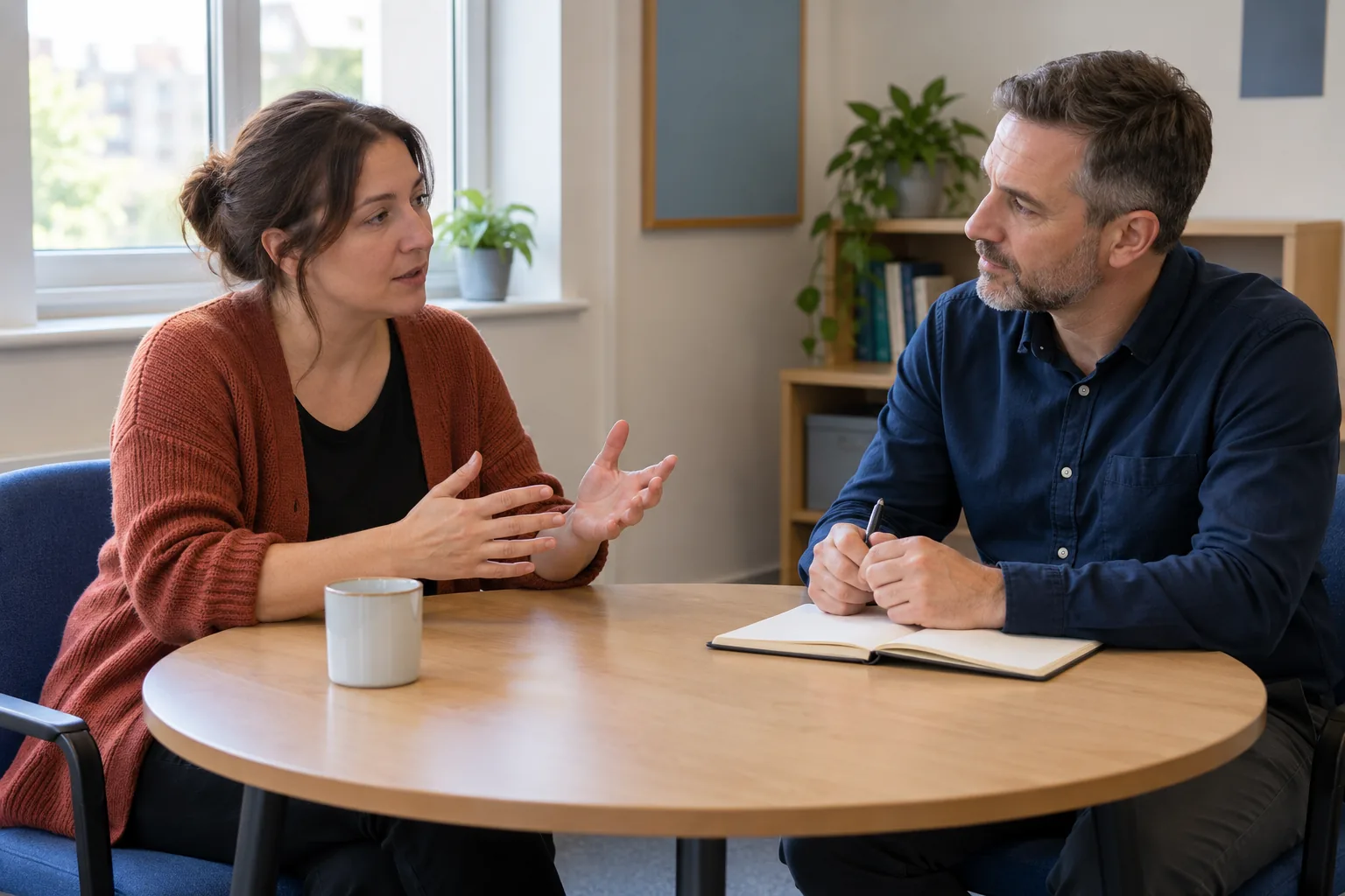 An adviser in a rust cardigan discusses a concern with a manager listening beside an open notebook