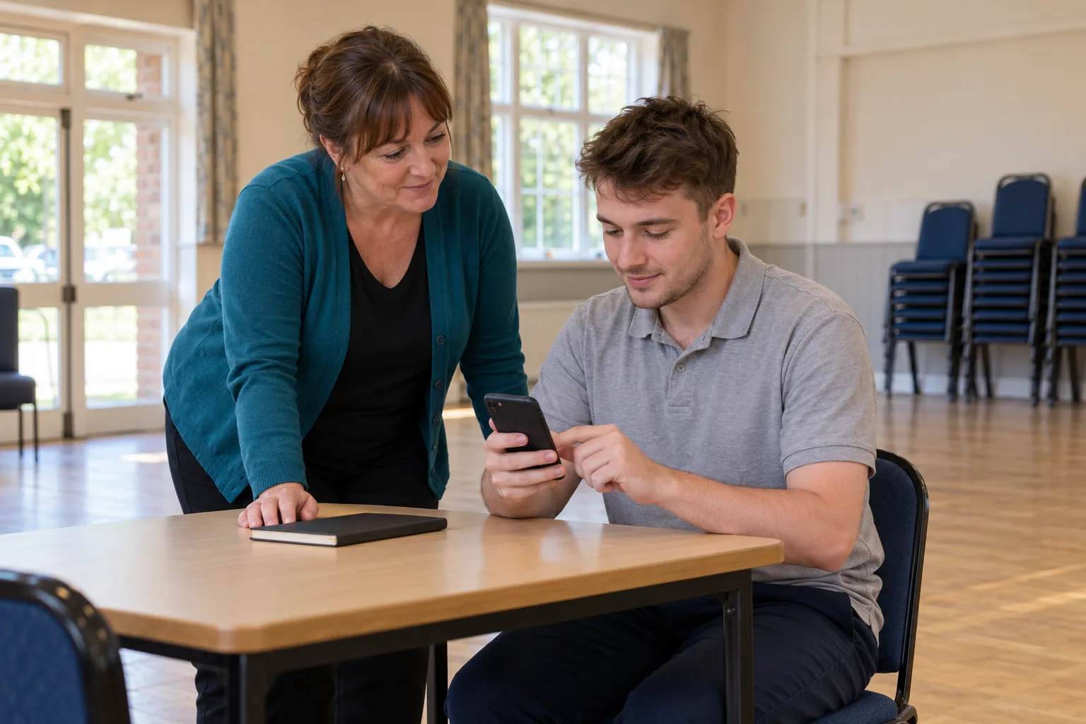 A supervisor watches a venue assistant practise using a phone at a table in a community hall