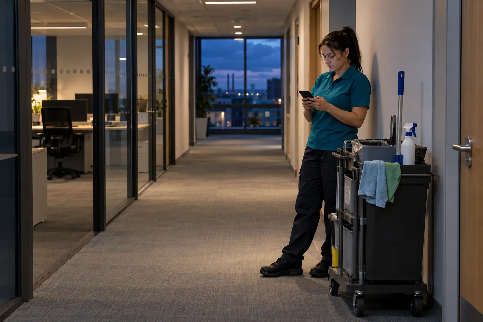 An evening cleaner checks a phone beside a trolley in an empty office corridor
