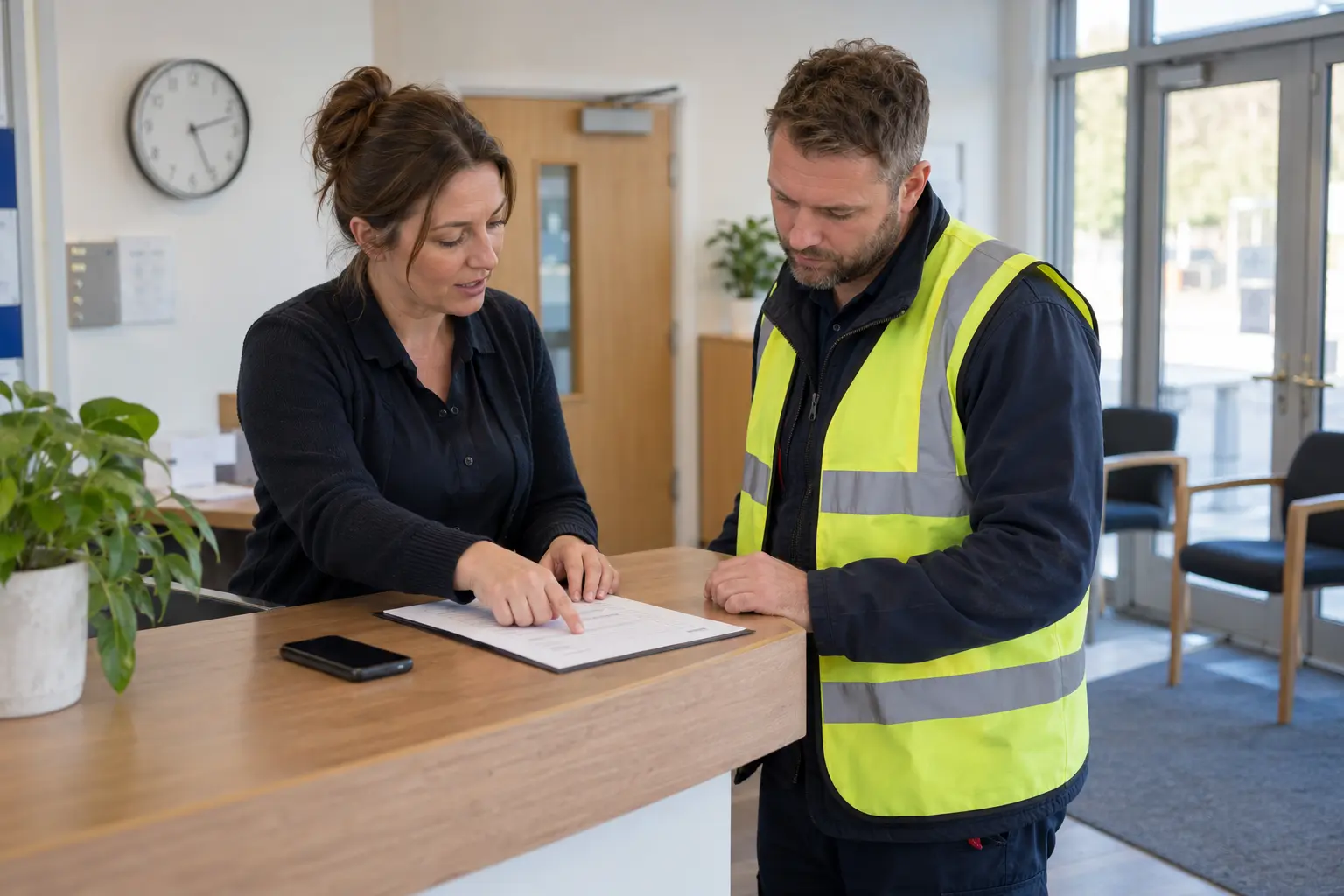 A facilities manager and maintenance worker review a job checklist before a lone shift